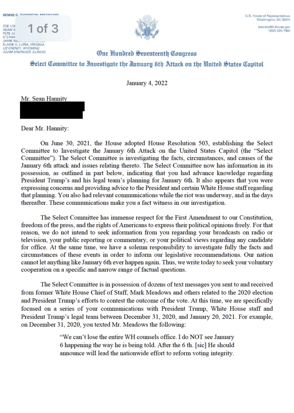 hannity letter page 1